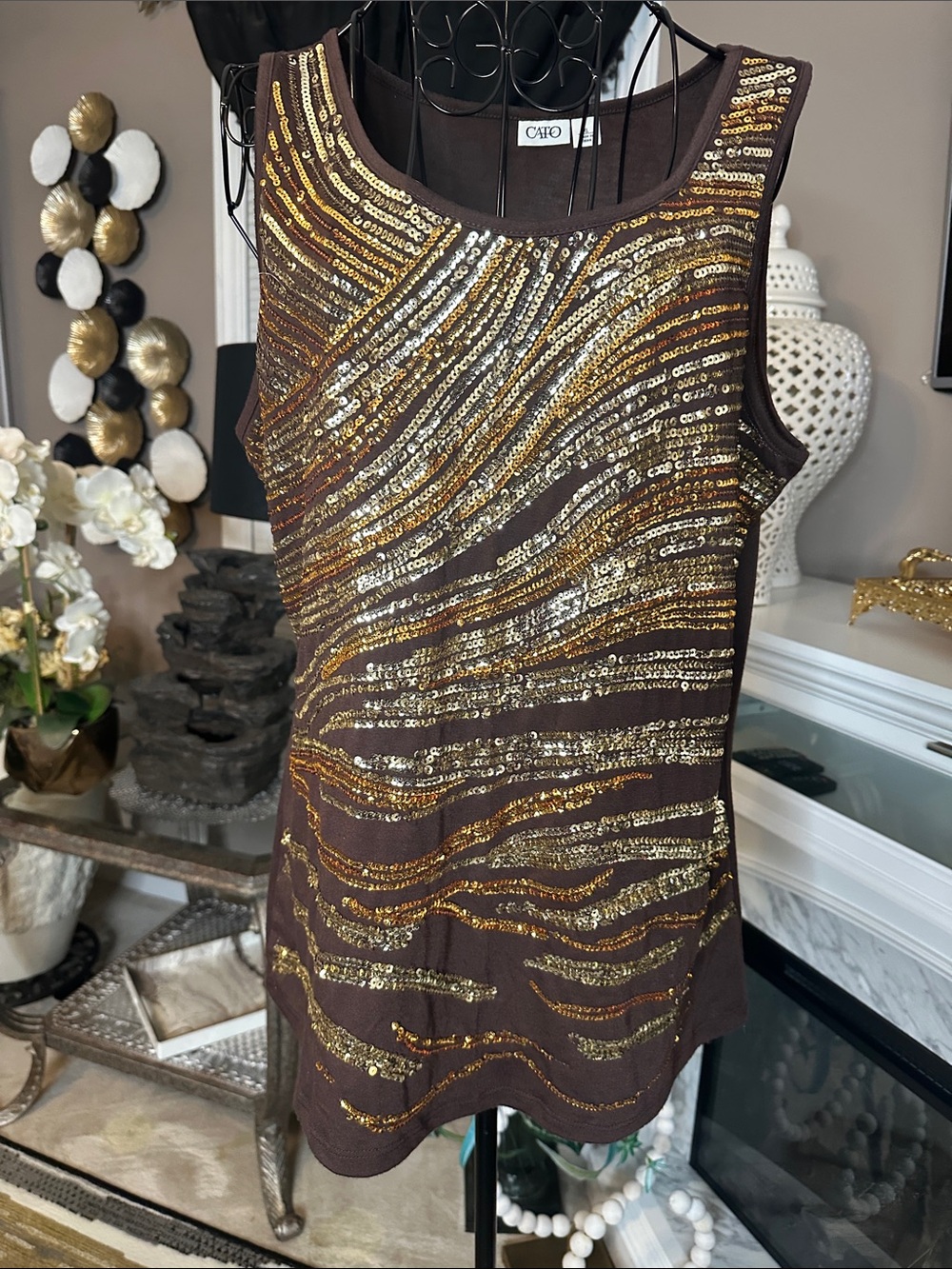 CATO Brown Sleeveless Sequin Wave-Pattern Dress
